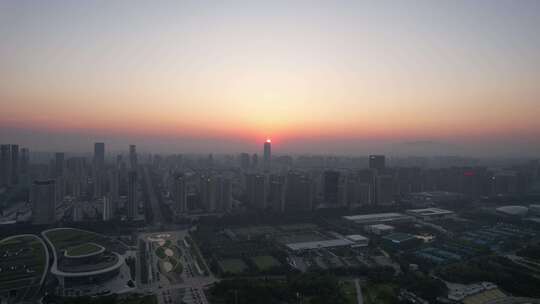 山东日照城市夕阳晚霞日落航拍