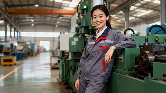 女工人在工厂靠机器微笑摆拍
