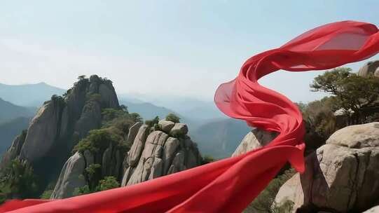 山间飘动的红色绸带