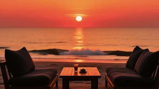 海边日落时的休闲桌椅场景