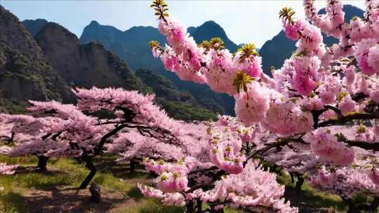 粉色樱花盛开的山间美景