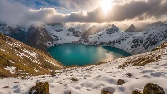 雪山环绕的蓝色湖泊景观