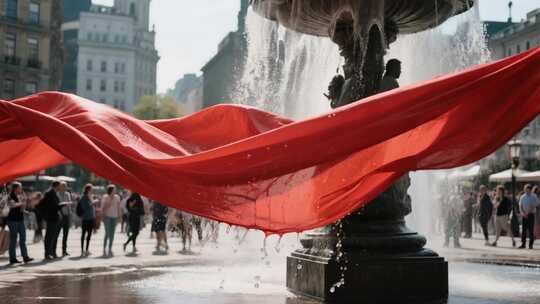 城市喷泉旁飘动的红绸