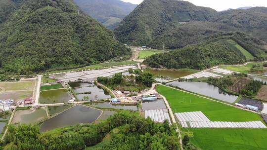 山区农村依山傍水农家鱼塘小院航拍