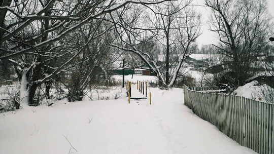 雪中的冬村。雪中的旧村屋和栅栏