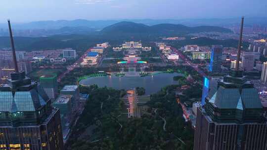 航拍枣庄凤鸣湖双子星夜景