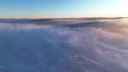 冻雾迷漫的大兴安岭林海雪原黎明