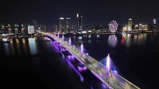 江西南昌赣江朝阳大桥夜景航拍