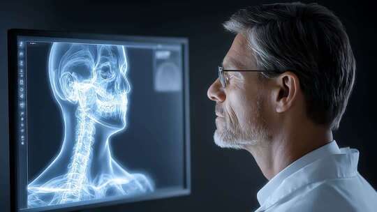 医生观察头部X光影像的医疗场景