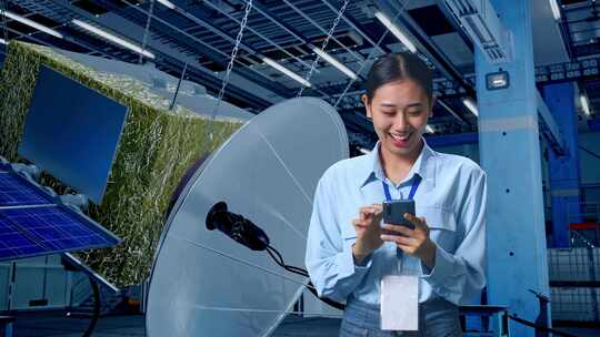 亚洲职业女工用航天器建造的电话庆祝