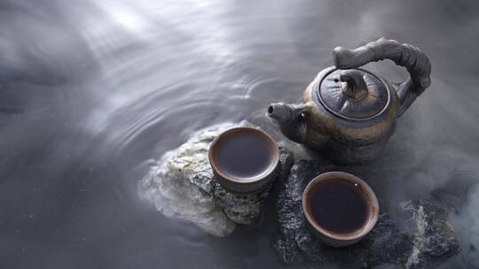 水面上的茶壶与茶杯