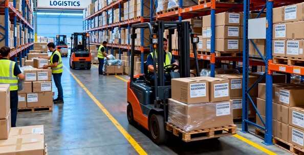 仓库工人操作叉车搬运货物