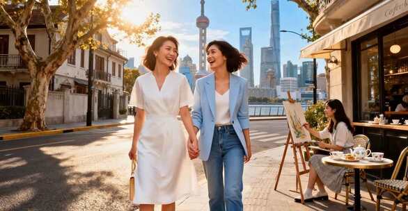 上海街头两位女性牵手漫步