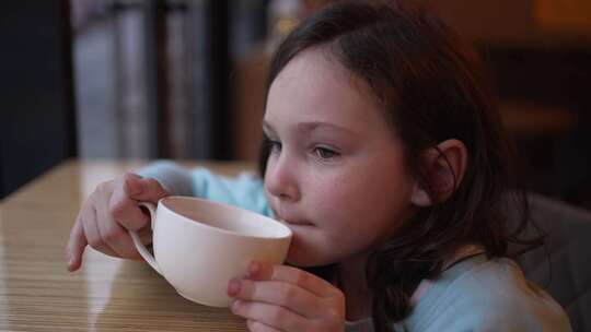 女孩在咖啡馆喝热茶