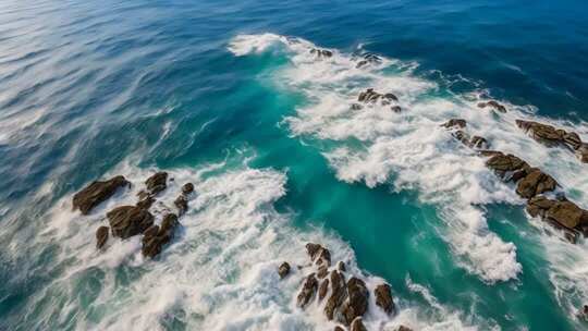 俯拍大海礁石海浪景象