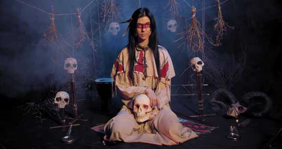 穿着传统印第安服装的女人坐在骷髅头旁，抽烟，