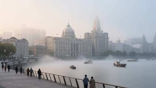 上海外滩晨景及行人漫步画面