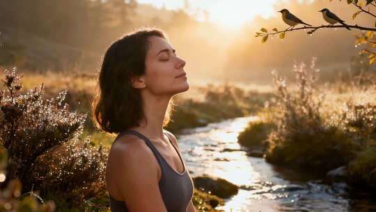 女子在溪边享受阳光深呼吸