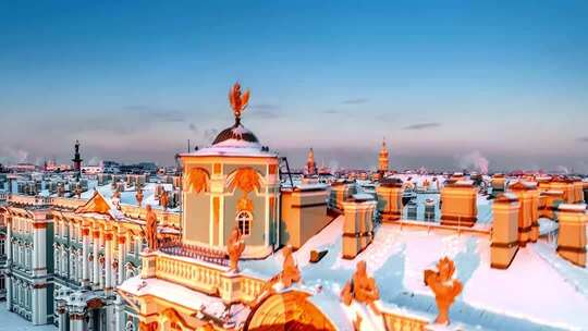 俄罗斯 圣彼得堡建筑景观冬日桥梁及河景
