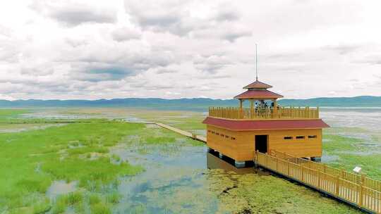 尕海湿地航拍草原湿地生态绿色湖泊