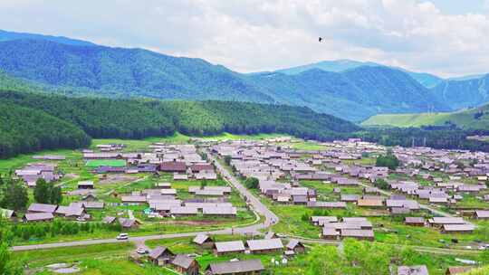 中国新疆北疆阿勒泰禾木村原始村庄夏天风景