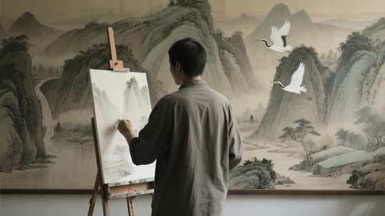 男子室内画中式山水风景