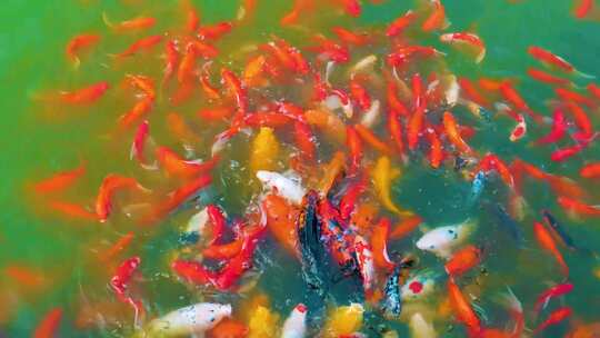 池塘中大量锦鲤聚集争抢食物视频素材模板下载