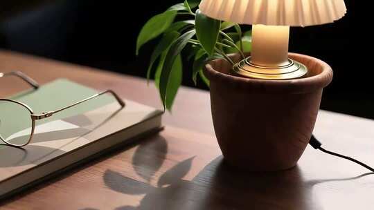 桌上盆栽台灯眼镜静物素材