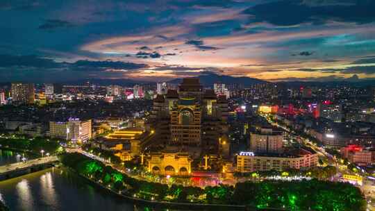 广西玉林云天文化村夜景晚霞环绕航拍延时