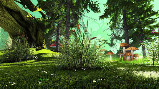 植物、蘑菇和草的童话森林全景。视频素材模板下载