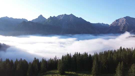 奥地利高山景观的鸟瞰图。背景云和松树前的