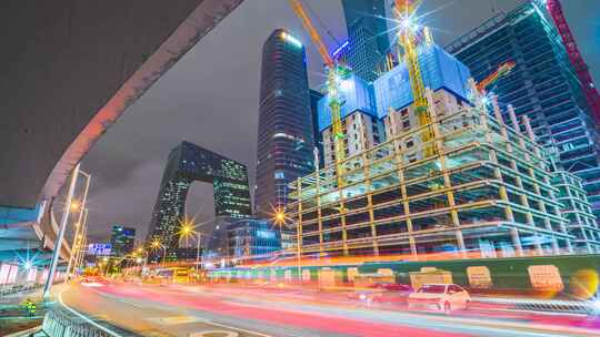 夜晚北京国贸CBD城市建设与夜景车流