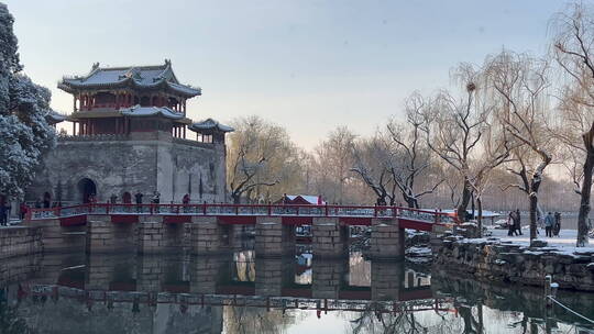 北京颐和园雪后的文昌阁与知春桥