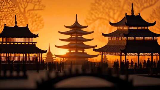 古风建筑群落夕阳剪影 中国风楼阁建筑背景