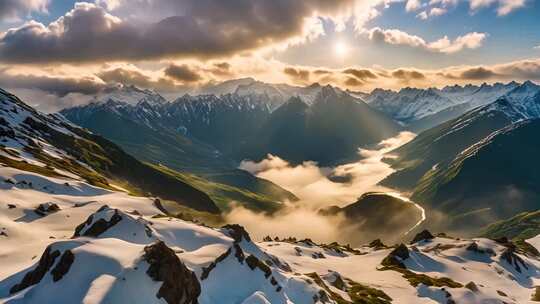 雪山山谷日出自然风光