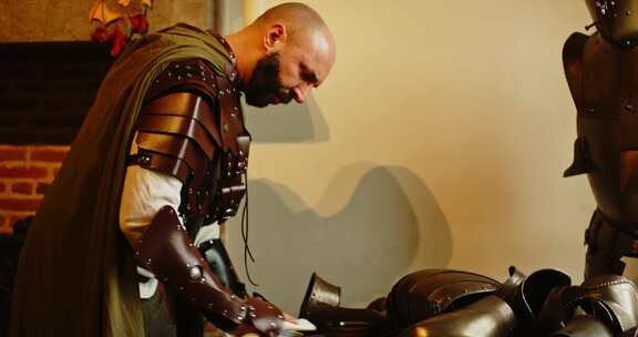 在中世纪的军械库里，看起来很强壮的骑士正