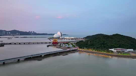 广州珠海日月贝大剧院情侣路海滩夜景航拍