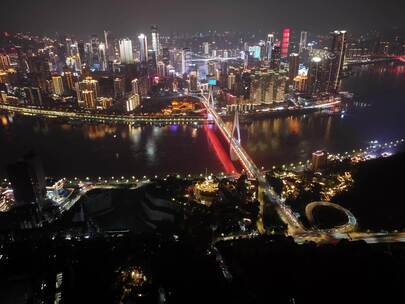 重庆市南岸区东水门长江大桥航拍延时夜景车