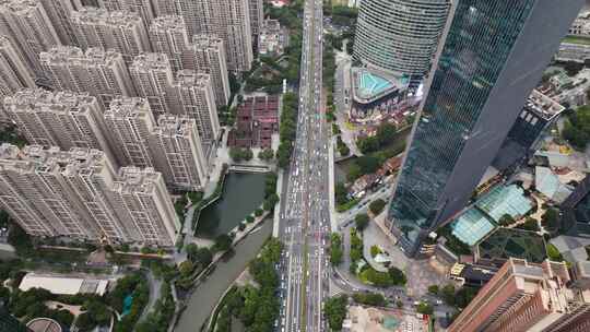 航拍城市交通要道路口拥堵十字路口