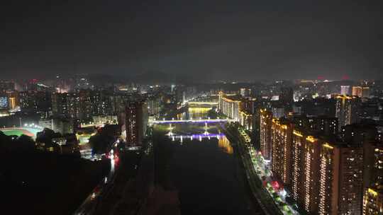 四川达州州河两岸夜景灯光航拍