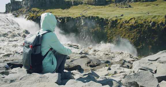 女人，Dettifoss，瀑布，冰岛