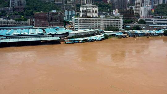 重庆菜园坝洪峰水位涨水航拍素材