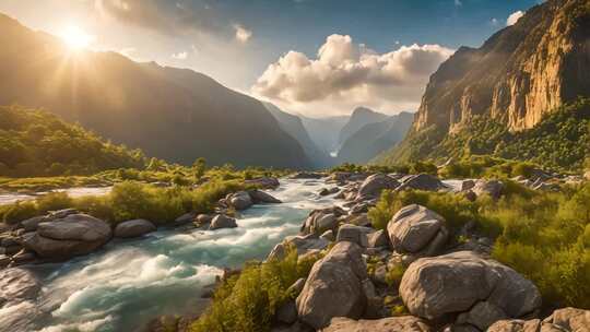 山间河流与阳光风景