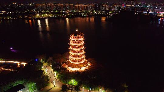 东莞航拍华阳湖湿地公园华阳塔夜景左环绕