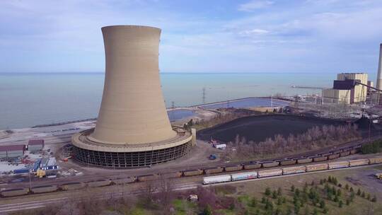 密歇根湖核电站航拍视频素材模板下载