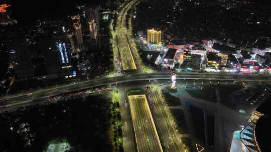 夜晚城市道路航拍城市交通车流夜景街道风光