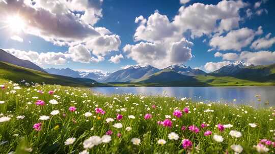 湖畔花海与远山风景