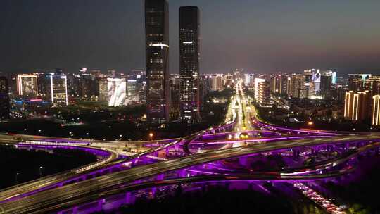 航拍杭州城市与机场高架夜景车流灯光延时