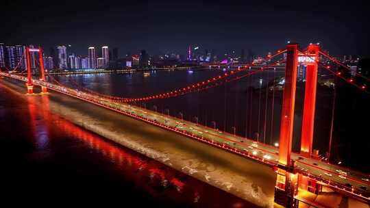 航拍武汉鹦鹉洲长江大桥夜景