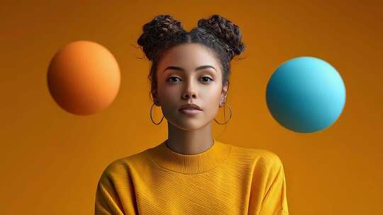 自信女性人物特写与彩色球体简约背景